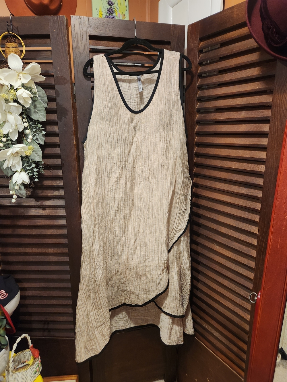 Asymmetrical Cream Sleeveless Dress with Black Trim